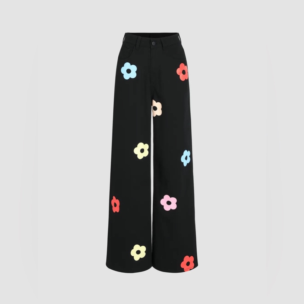Cider Black Floral Pattern Wide Leg Pants
